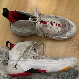 Red and white Jordan basketball shoes
